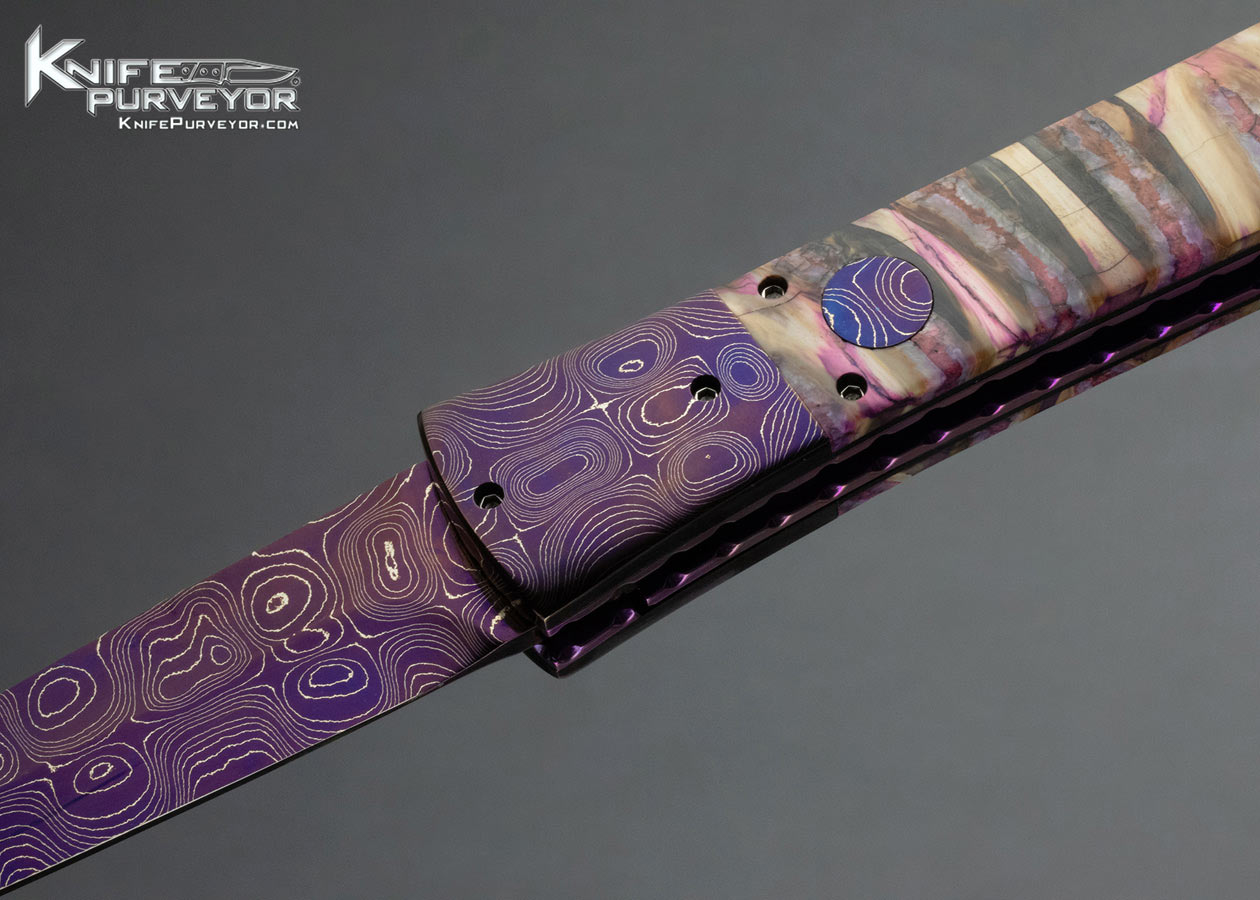 Kyle Vallotton Custom Knife Purple Mammoth Molar Chad Nicholas Virus Damascus Bent Dagger Automatic Linerlock - Image 2