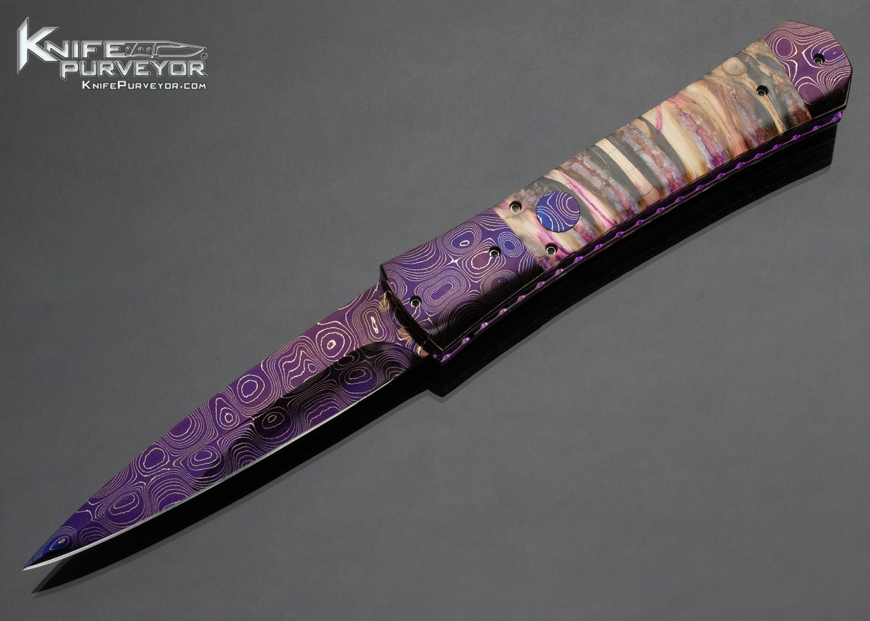 Kyle Vallotton Custom Knife Purple Mammoth Molar Chad Nicholas Virus Damascus Bent Dagger Automatic Linerloc 14944
