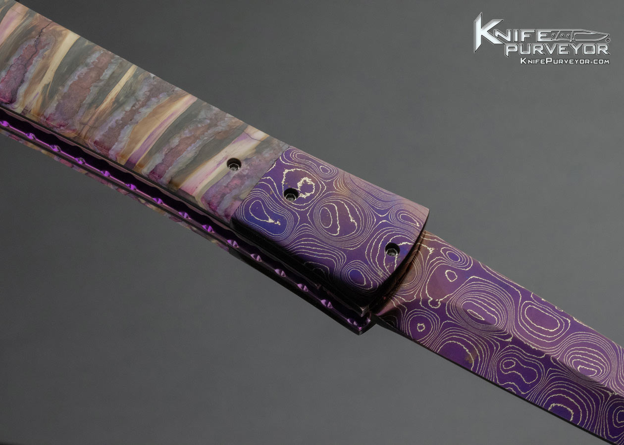 Kyle Vallotton Custom Knife Purple Mammoth Molar Chad Nicholas Virus Damascus Bent Dagger Automatic Linerlock - Image 4