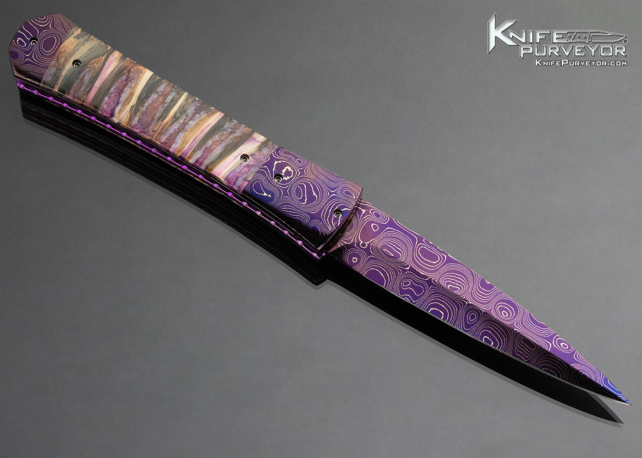 Kyle Vallotton Custom Knife Purple Mammoth Molar Chad Nicholas Virus Damascus Bent Dagger Automatic Linerlock - Image 3