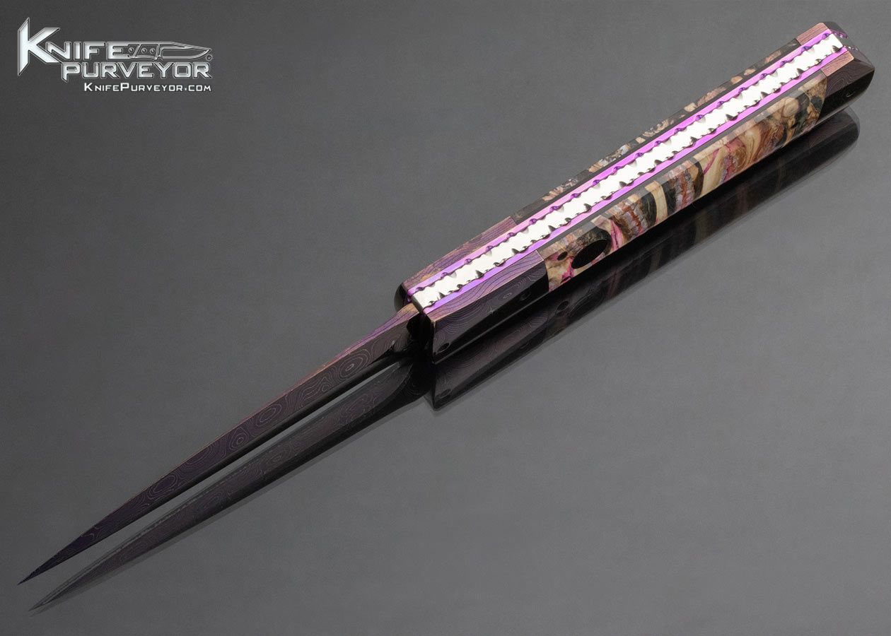 Kyle Vallotton Custom Knife Purple Mammoth Molar Chad Nicholas Virus Damascus Bent Dagger Automatic Linerlock - Image 7