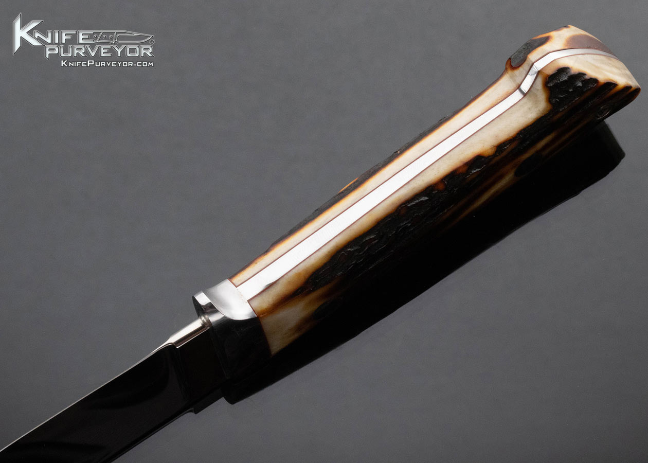 Mitch Jenkins Custom Knife Amber Stag Drop Point Hunter with Hand Tooled Sheath 15404