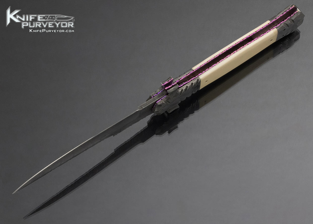 Butch Vallotton Custom Knife Damascus and Mammoth Star Mokuti Automatic Linerlock with Original Vallotton Sheath - Image 8