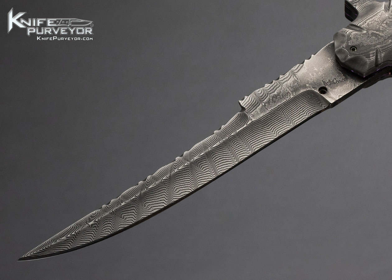 Butch Vallotton Custom Knife Damascus and Mammoth Star Mokuti Automatic Linerlock with Original Vallotton Sheath - Image 3