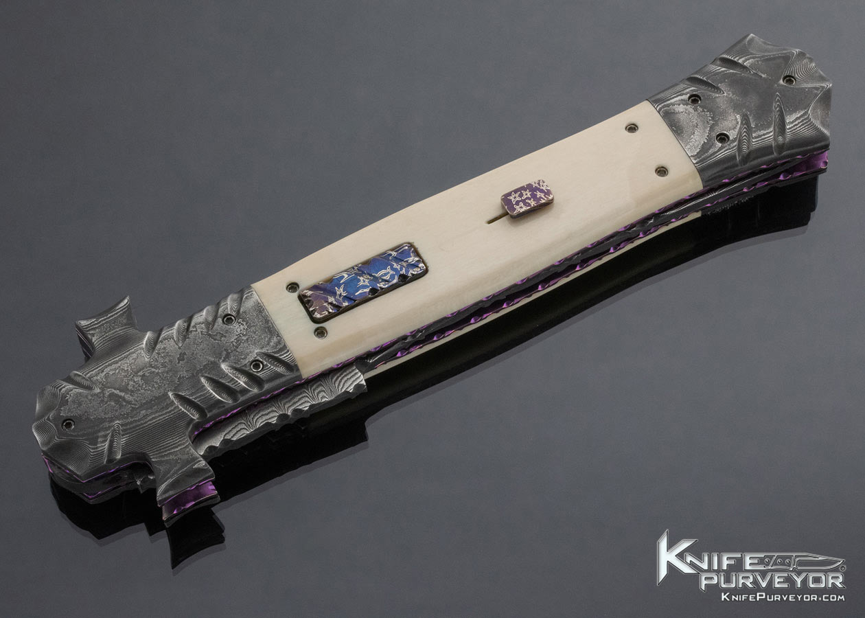 Butch Vallotton Custom Knife Damascus and Mammoth Star Mokuti Automatic Linerlock with Original Vallotton Sheath - Image 6