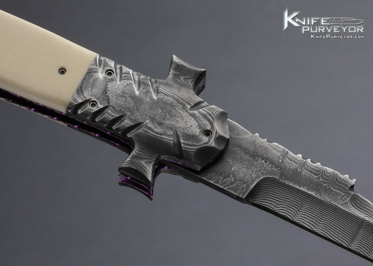 Butch Vallotton Custom Knife Damascus and Mammoth Star Mokuti Automatic Linerlock with Original Vallotton Sheath - Image 5