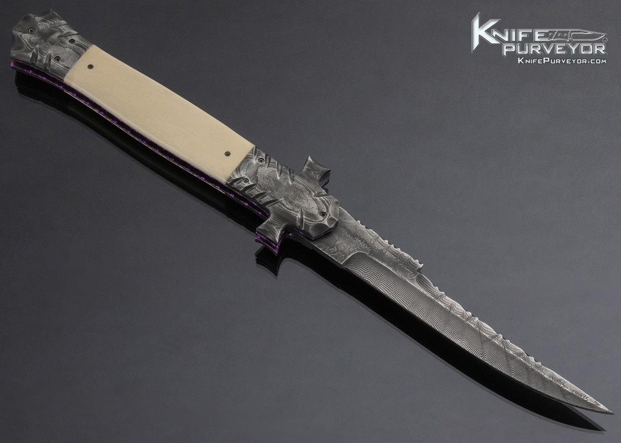 Butch Vallotton Custom Knife Damascus and Mammoth Star Mokuti Automatic Linerlock with Original Vallotton Sheath - Image 4