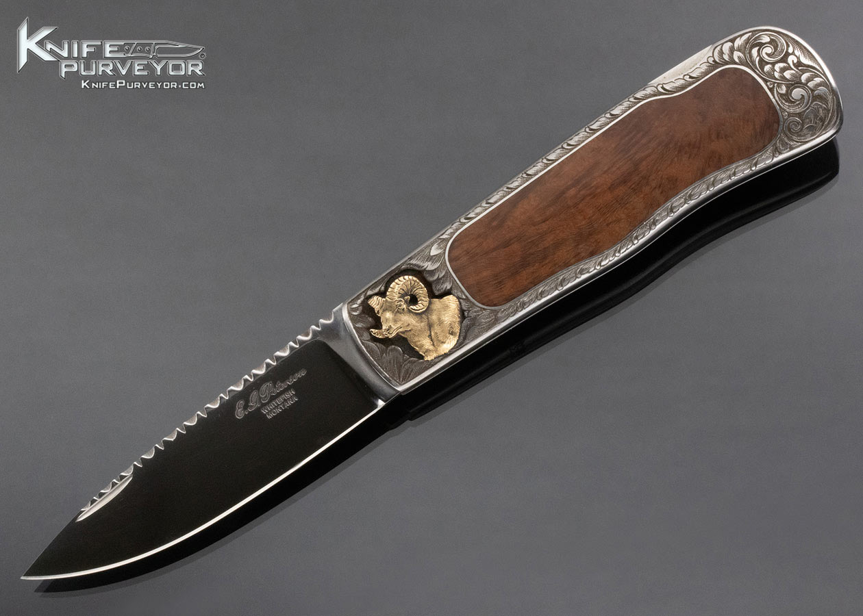 Eldon Peterson Custom Knife Franz Marktl Engraved Wood Interframe Lockback with 24Kt Gold Inlays 14982