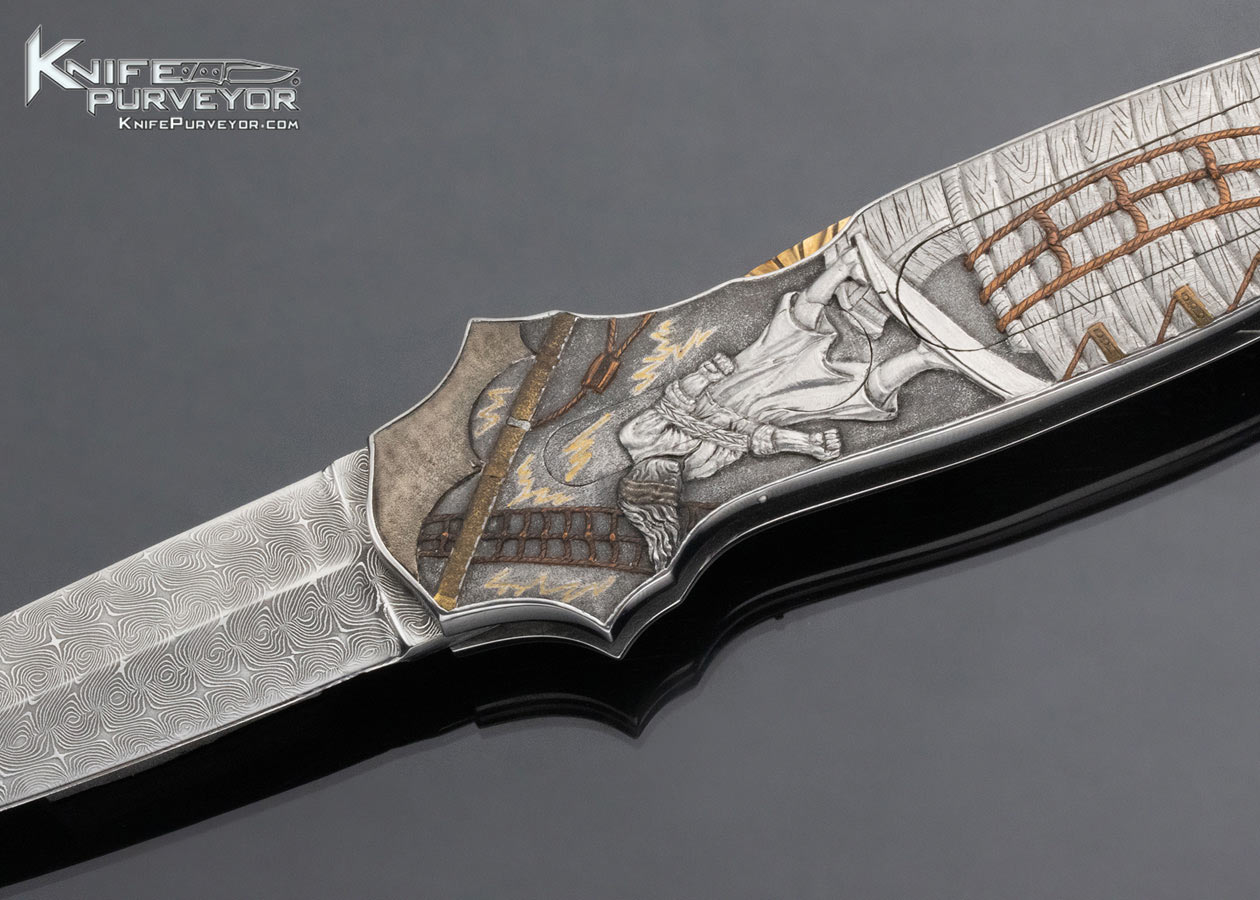 Joe Kious Custom Knife Bryson Gwynell Engraved Pirate Motif Double Pocket Locket Automatic Lockback - Image 2