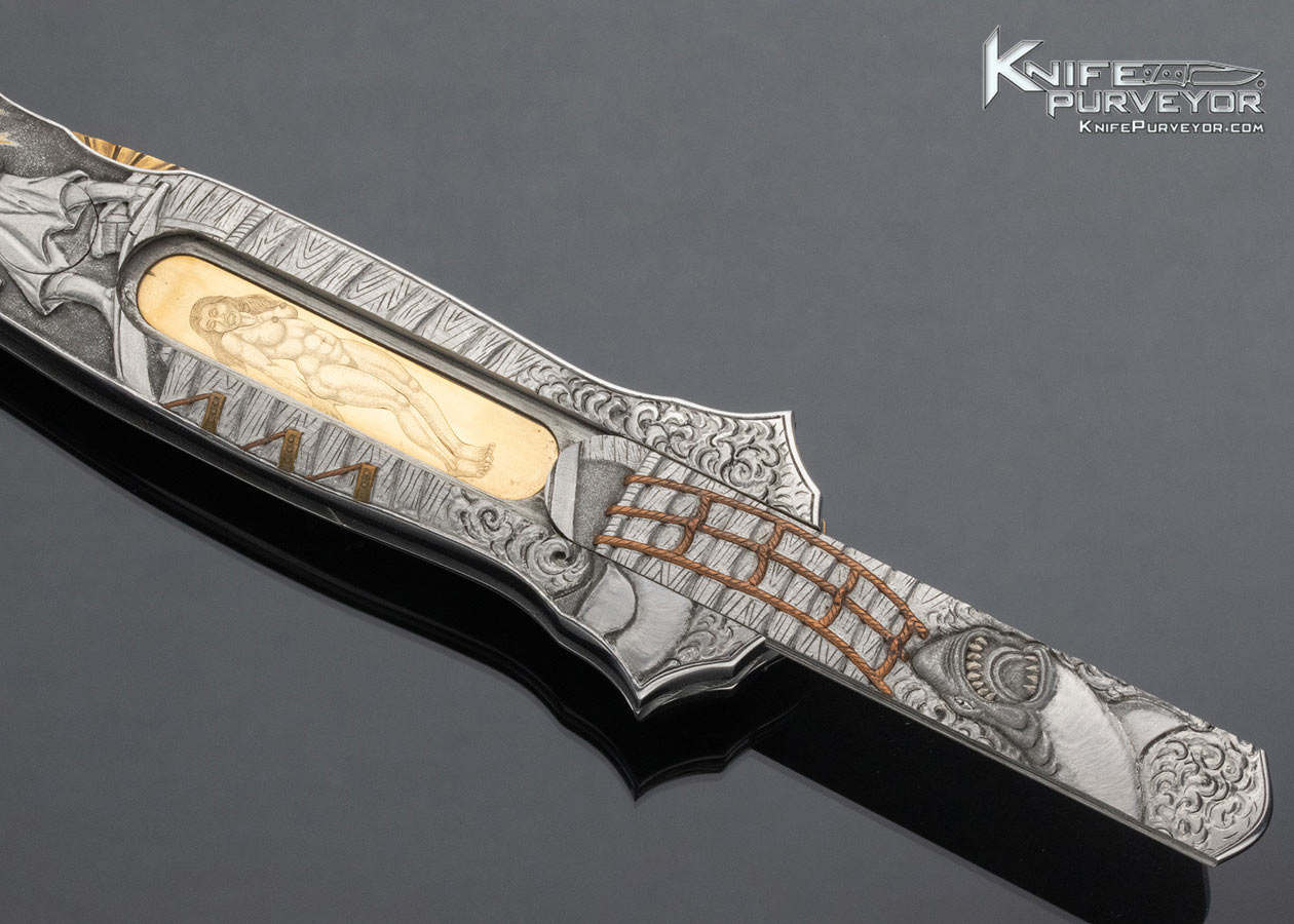 Joe Kious Custom Knife Bryson Gwynell Engraved Pirate Motif Double Pocket Locket Automatic Lockback - Image 6