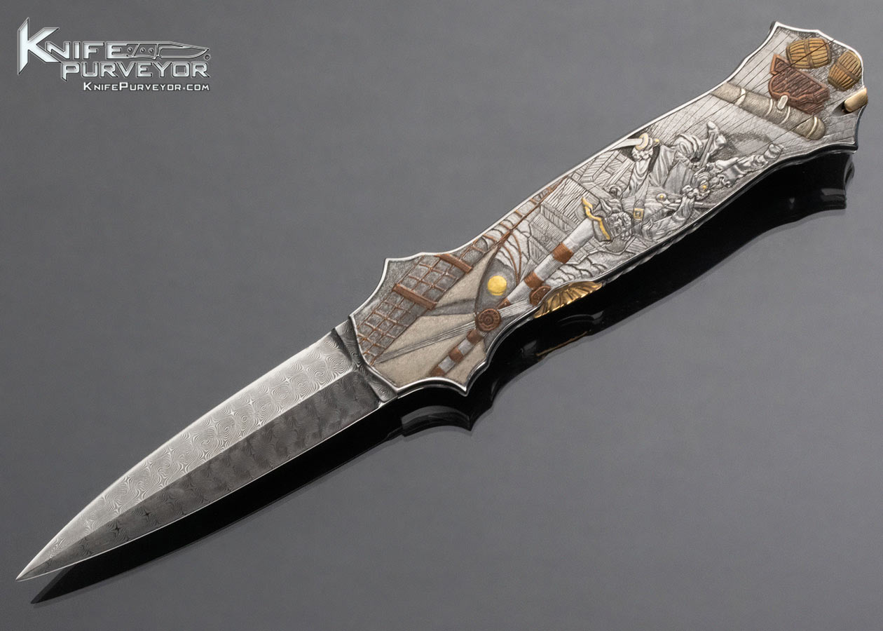 Joe Kious Custom Knife Bryson Gwynell Engraved Pirate Motif Double Pocket Locket Automatic Lockback 15007