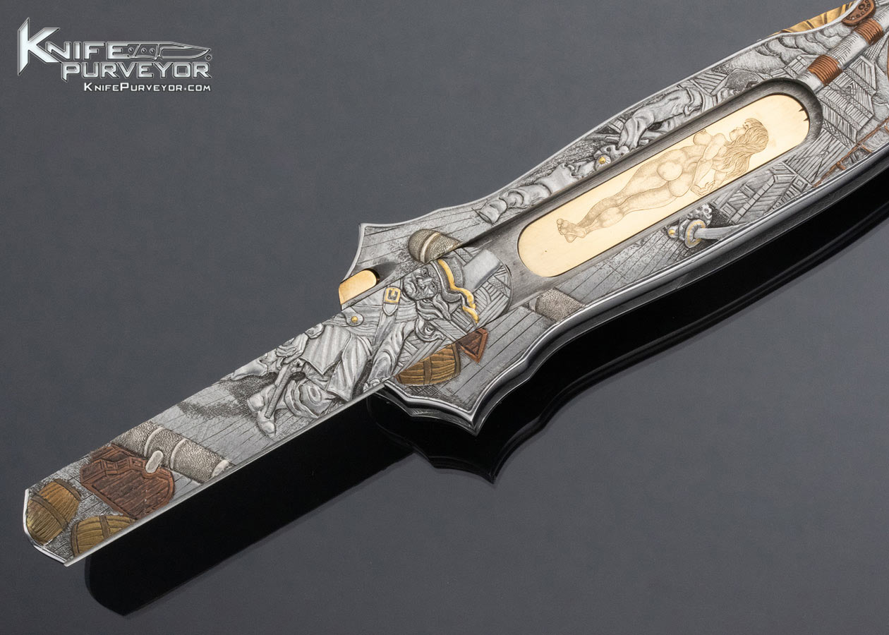 Joe Kious Custom Knife Bryson Gwynell Engraved Pirate Motif Double Pocket Locket Automatic Lockback - Image 4