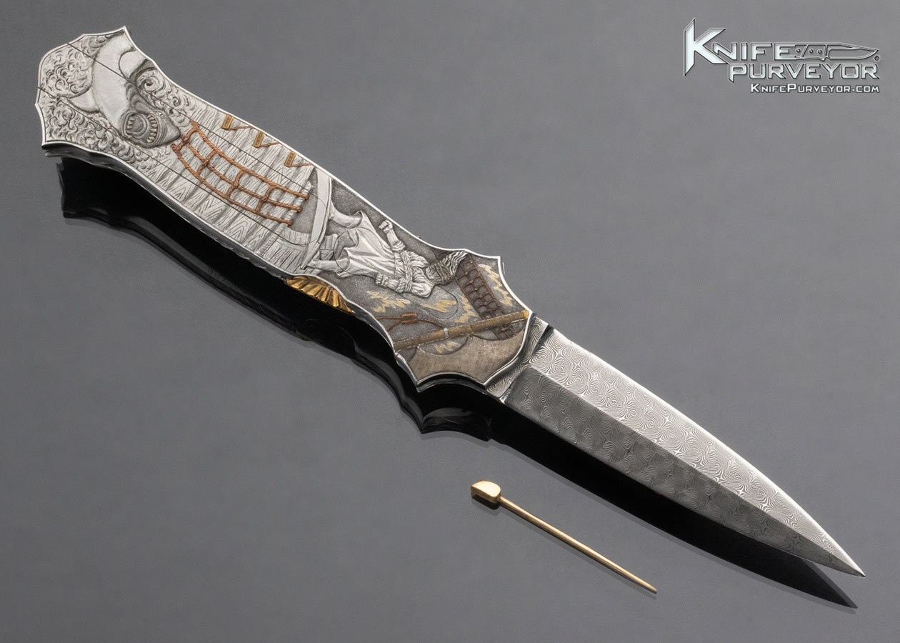Joe Kious Custom Knife Bryson Gwynell Engraved Pirate Motif Double Pocket Locket Automatic Lockback - Image 5