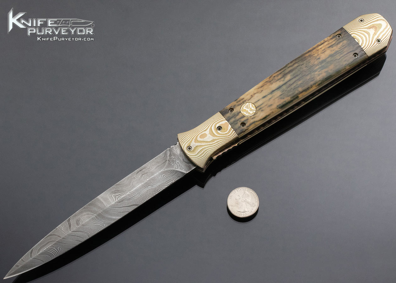 Rainy Vallotton Custom Knife Damascus, Mokume and Mammoth JUMBO Double Action Automatic Linerlock 14964