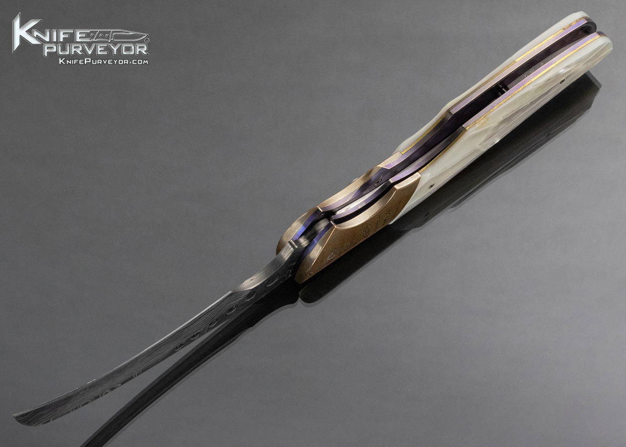 Reese Weiland Custom Knife Damascus Mokume and Fluted Pearl Double Action Eagle Automatic Linerlock - Image 6