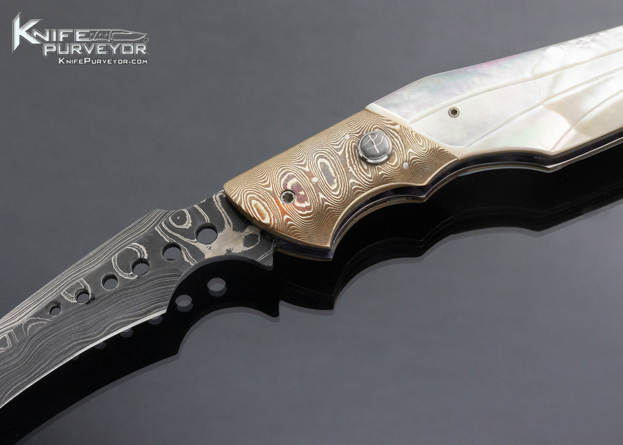 Reese Weiland Custom Knife Damascus Mokume and Fluted Pearl Double Action Eagle Automatic Linerlock - Image 2