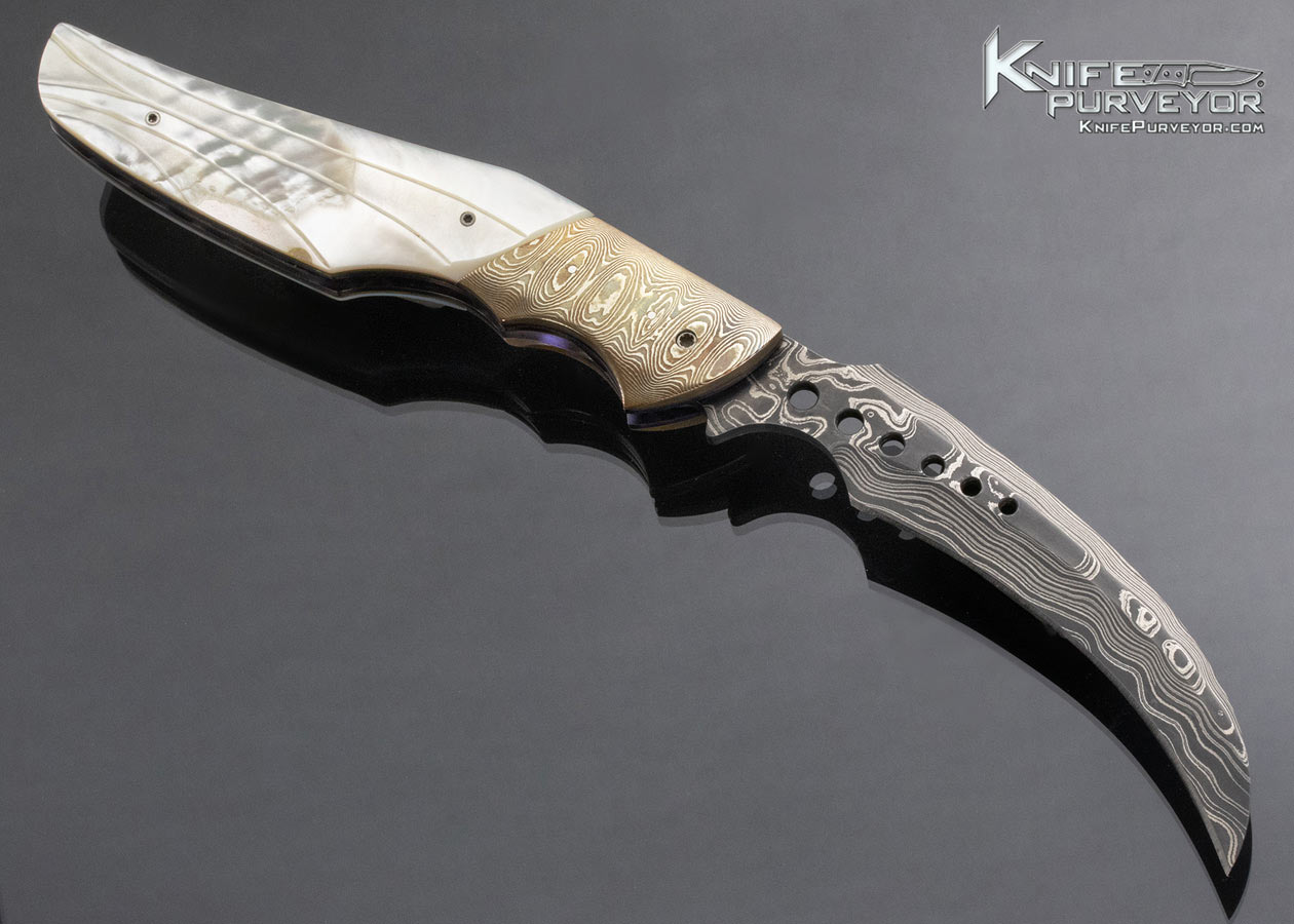 Reese Weiland Custom Knife Damascus Mokume and Fluted Pearl Double Action Eagle Automatic Linerlock - Image 3