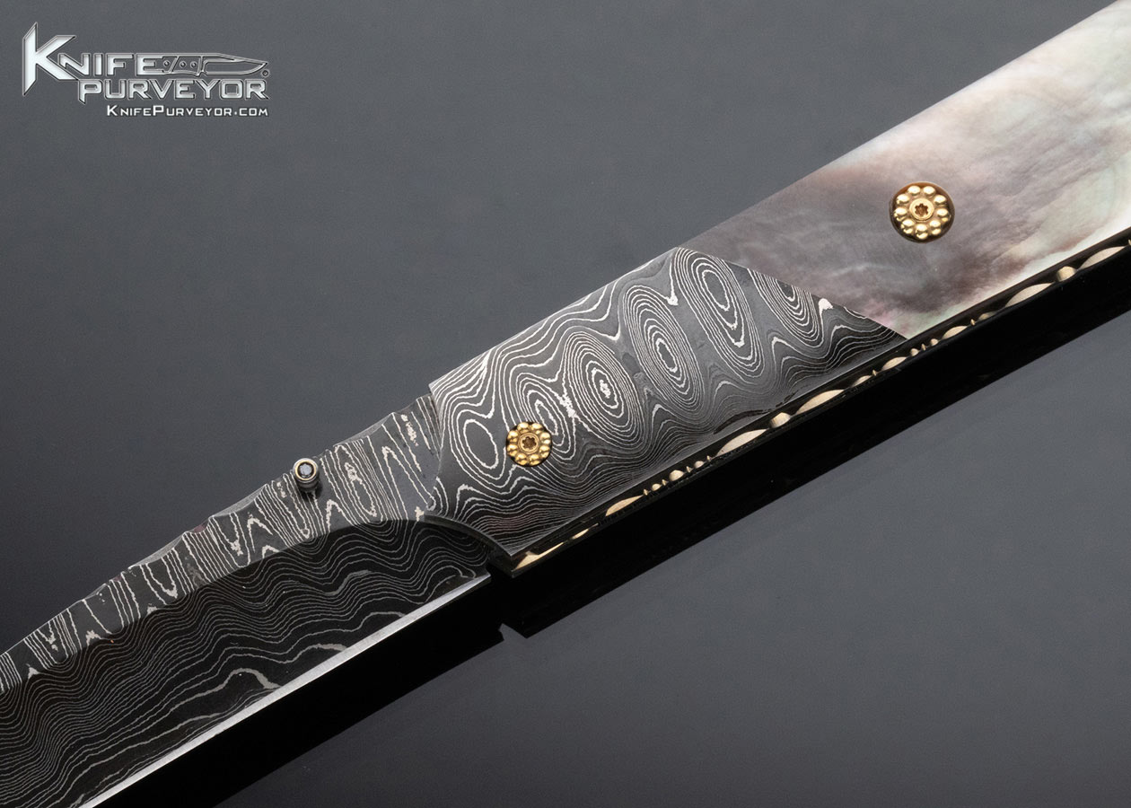Stan Wilson Custom Knife Blacklip Pearl and Robert Eggerling Damascus Mantis Linerlock - Image 2