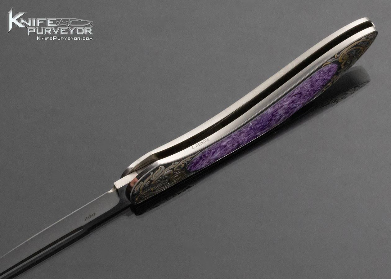 Warren Osborne Custom Knife Christy George Engraved Charoite Inlaid Lockback with 24Kt Gold Inlays - Image 6