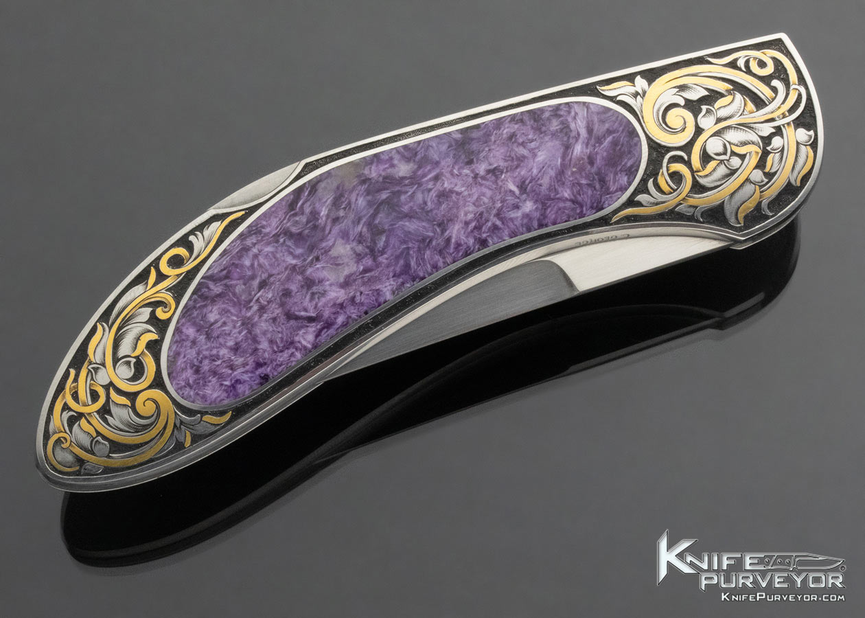 Warren Osborne Custom Knife Christy George Engraved Charoite Inlaid Lockback with 24Kt Gold Inlays - Image 3