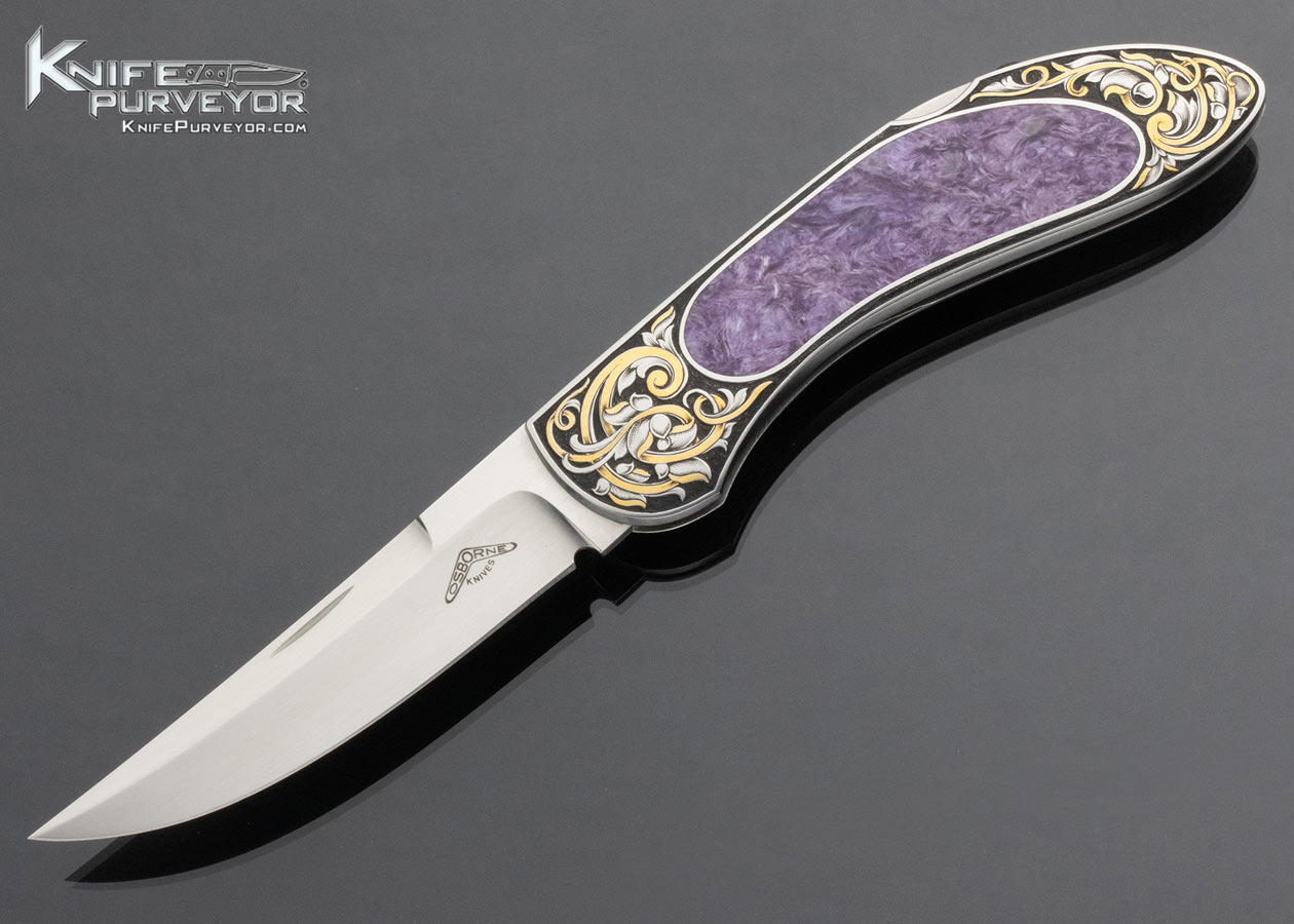 Warren Osborne Custom Knife Christy George Engraved Charoite Inlaid Lockback with 24Kt Gold Inlays 14998