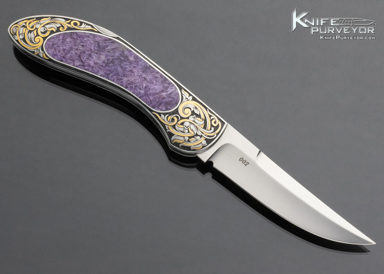 Warren Osborne Custom Knife Christy George Engraved Charoite Inlaid Lockback with 24Kt Gold Inlays - Image 4