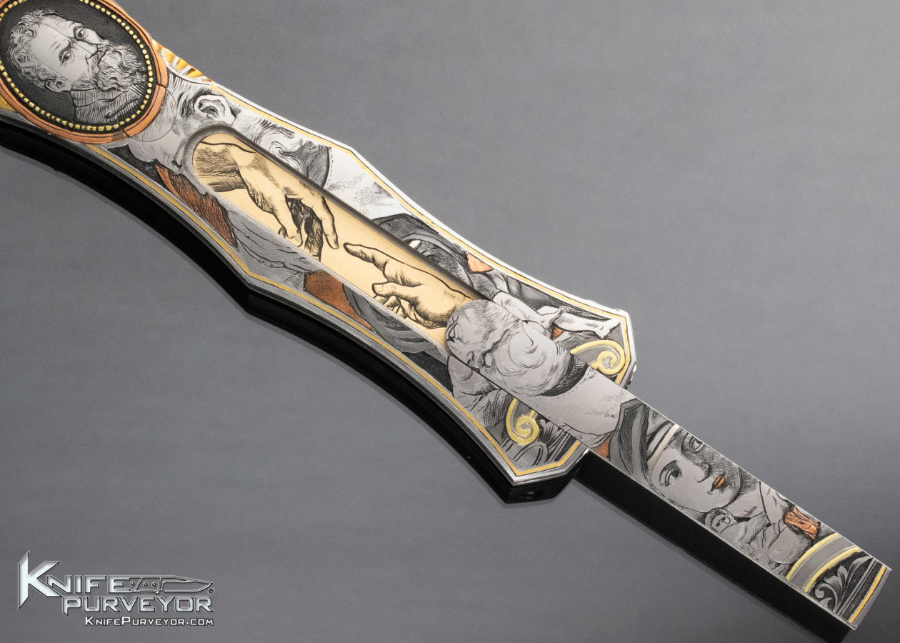 Joe Kious Custom Knife C.J. Cai Michelangelo Engraved Double Pocket Locket Automatic Lockback - Image 6