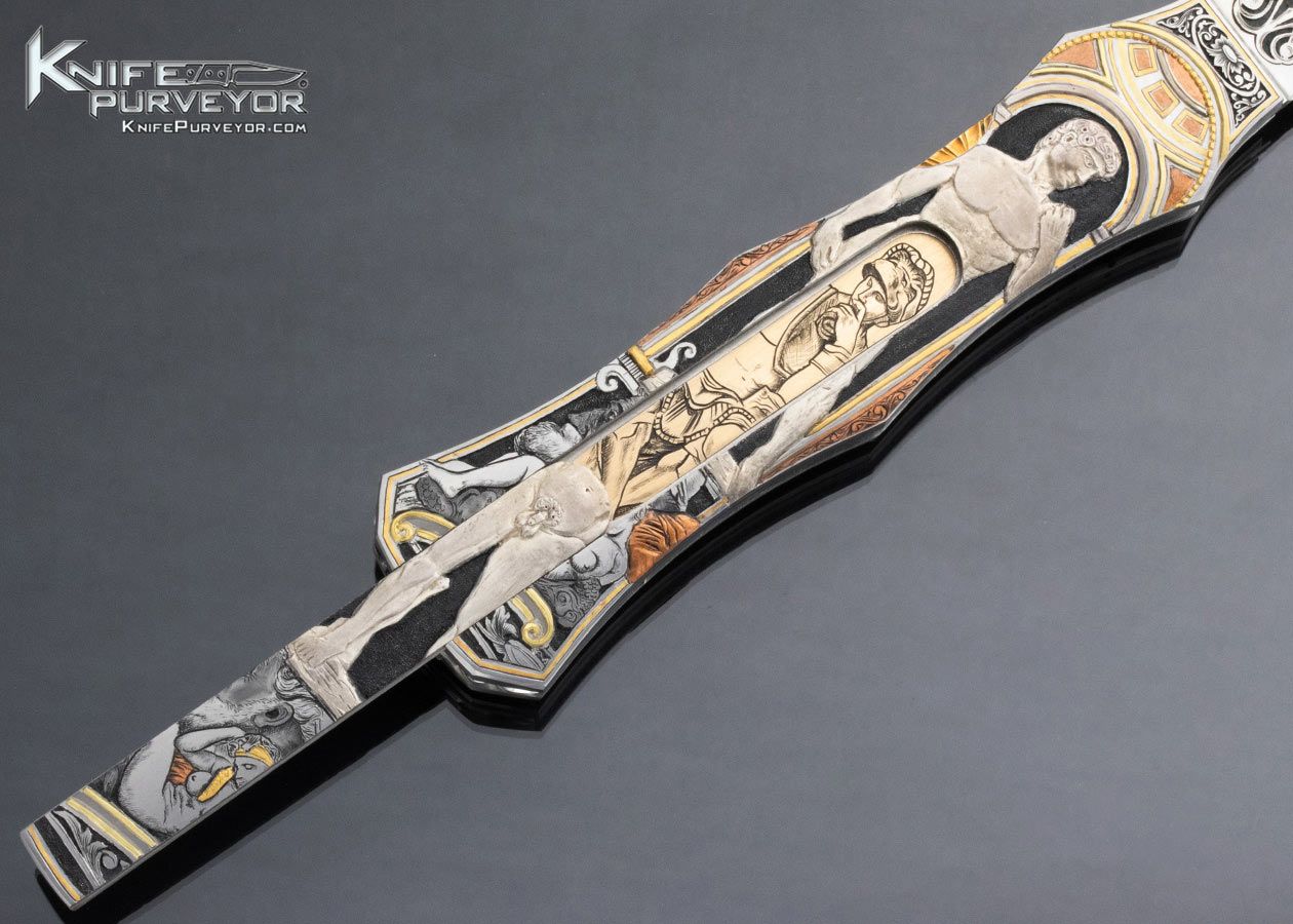 Joe Kious Custom Knife C.J. Cai Michelangelo Engraved Double Pocket Locket Automatic Lockback 15010
