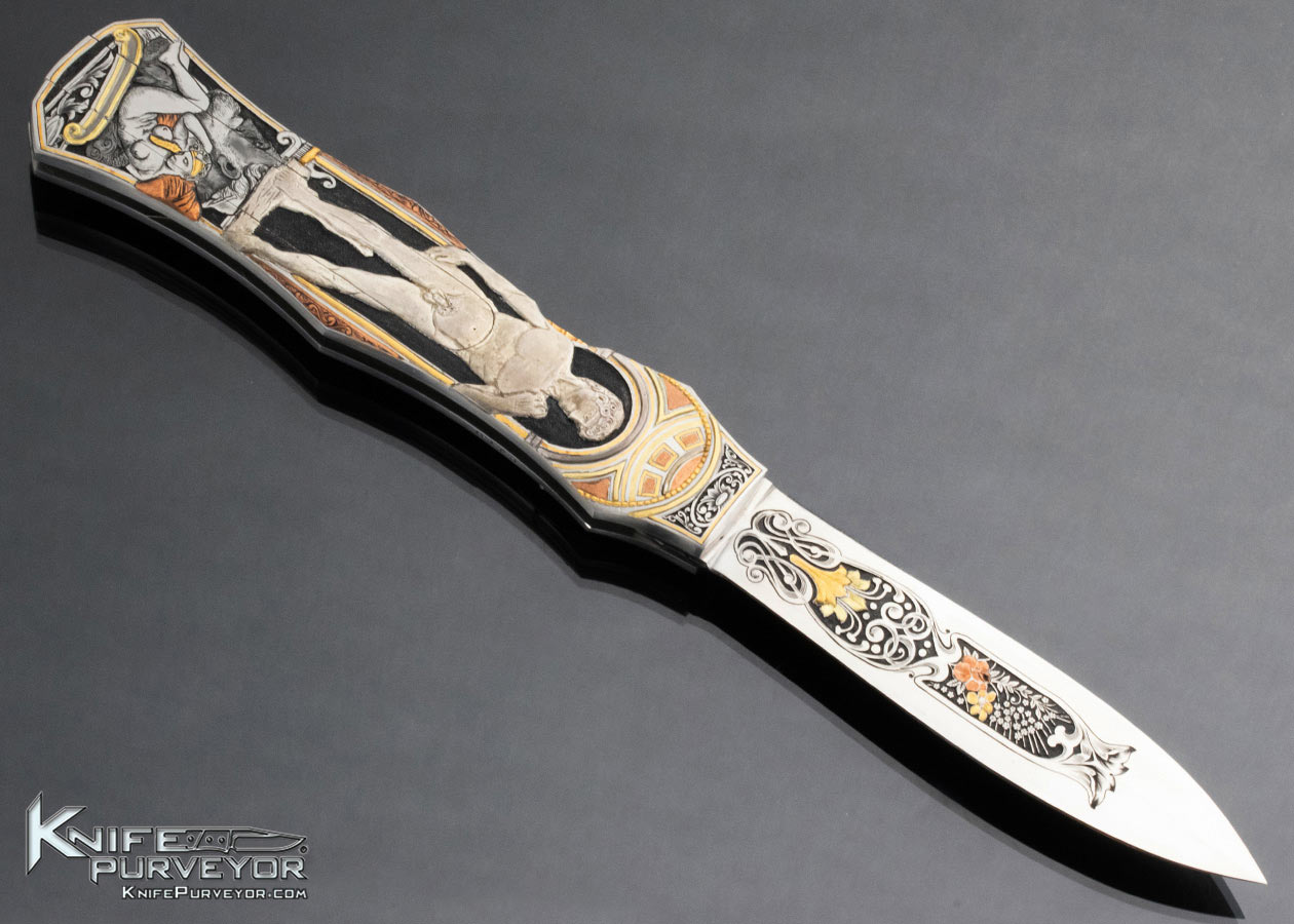 Joe Kious Custom Knife C.J. Cai Michelangelo Engraved Double Pocket Locket Automatic Lockback - Image 5