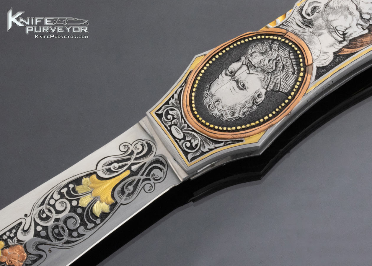 Joe Kious Custom Knife C.J. Cai Michelangelo Engraved Double Pocket Locket Automatic Lockback - Image 2