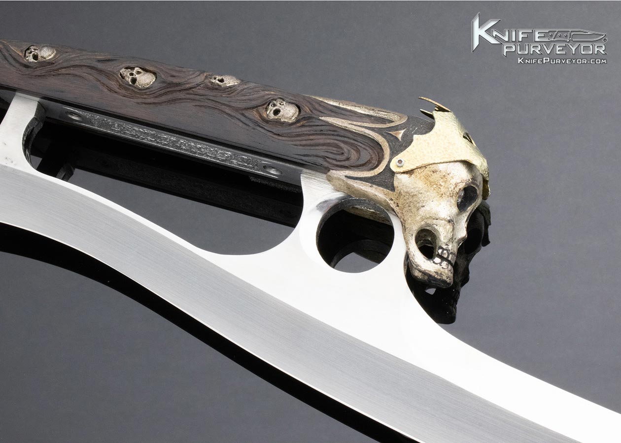 Jim Sornberger Custom Knife 1999 "We Band of Brothers" Carved Rosewood Fantasy Fighting Fighter with Silver Skulls - Image 4