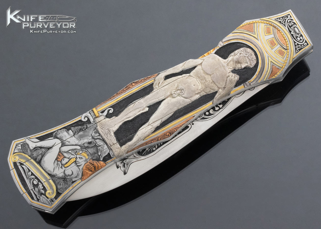 Joe Kious Custom Knife C.J. Cai Michelangelo Engraved Double Pocket Locket Automatic Lockback - Image 3