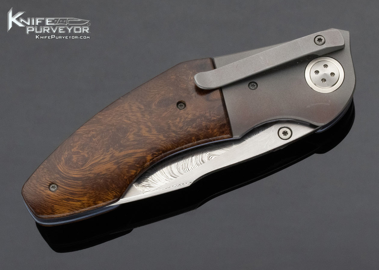 Allen Elishewitz Custom Knife Damasteel Damascus Bead Blasted Titanium Desert Ironwood Linerlock - Image 3