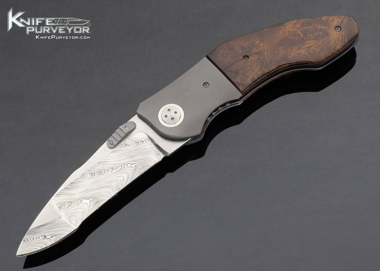 Allen Elishewitz Custom Knife Damasteel Damascus Bead Blasted Titanium Desert Ironwood Linerlock