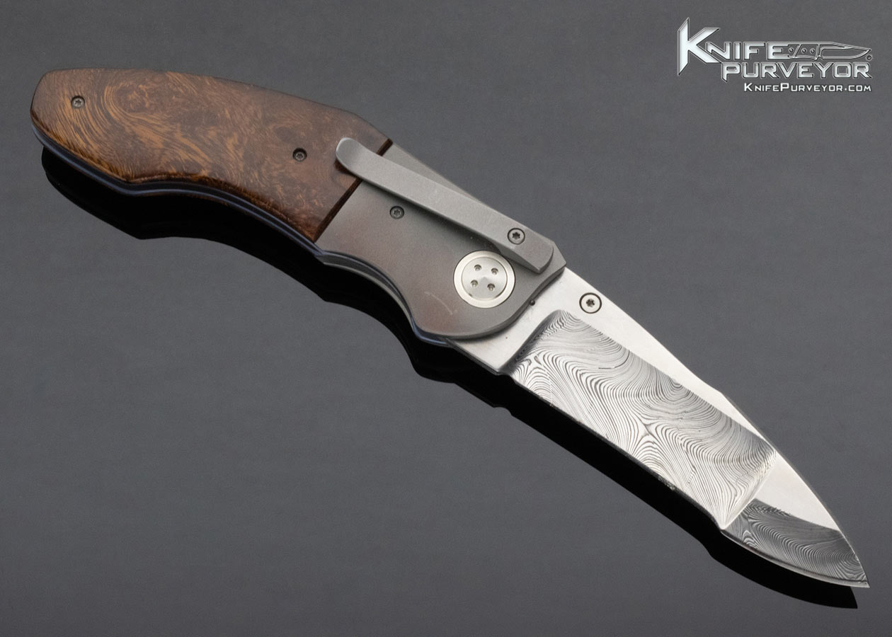 Allen Elishewitz Custom Knife Damasteel Damascus Bead Blasted Titanium Desert Ironwood Linerlock - Image 2