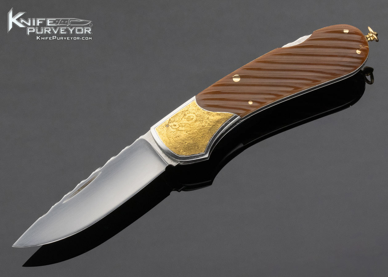 Joe Kious Custom Knife Martin Butler 24Kt Gold Inlaid Fluted Walrus Lockback with 14Kt Gold Bail
