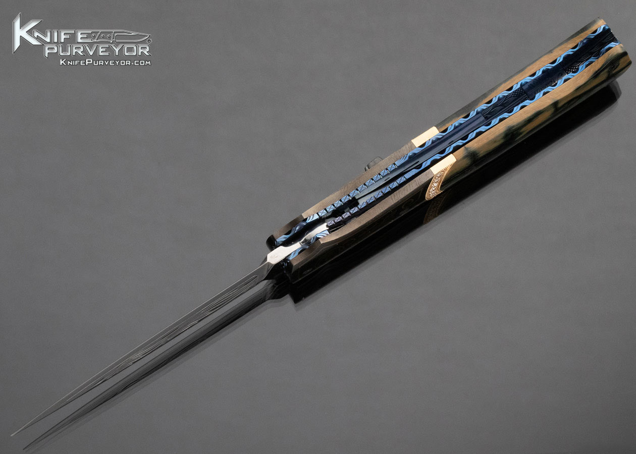 Larry Newton Custom Knife 18 Diamonds Set in Gold with Mammoth and Damasteel Sole Authorship Engraved 24Kt Gold Inlaid Automatic Linerlock 15123