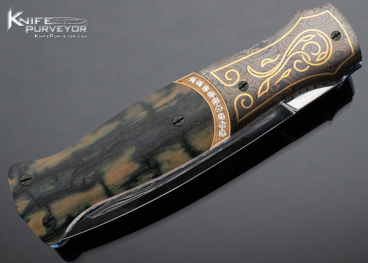 Larry Newton Custom Knife 18 Diamonds Set in Gold with Mammoth and Damasteel Sole Authorship Engraved 24Kt Gold Inlaid Automatic Linerlock - Image 4