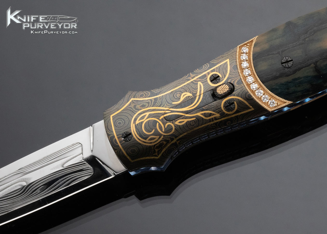 Larry Newton Custom Knife 18 Diamonds Set in Gold with Mammoth and Damasteel Sole Authorship Engraved 24Kt Gold Inlaid Automatic Linerlock - Image 2