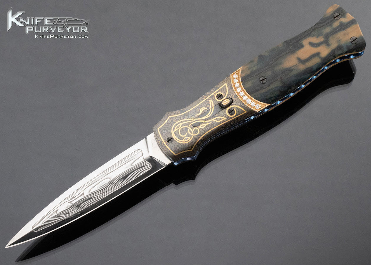 Larry Newton Custom Knife 18 Diamonds Set in Gold with Mammoth and Damasteel Sole Authorship Engraved 24Kt Gold Inlaid Automatic Linerlock 15123