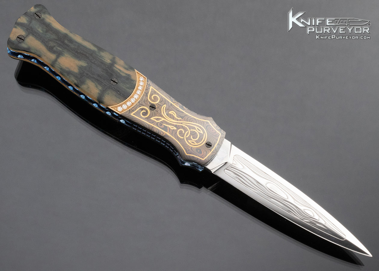 Larry Newton Custom Knife 18 Diamonds Set in Gold with Mammoth and Damasteel Sole Authorship Engraved 24Kt Gold Inlaid Automatic Linerlock - Image 3