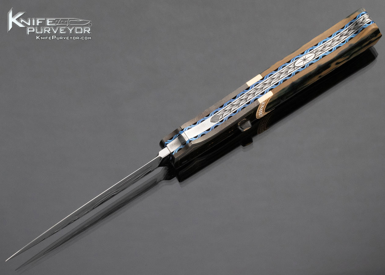 Larry Newton Custom Knife 18 Diamonds Set in Gold with Mammoth and Damasteel Sole Authorship Engraved 24Kt Gold Inlaid Automatic Linerlock - Image 5
