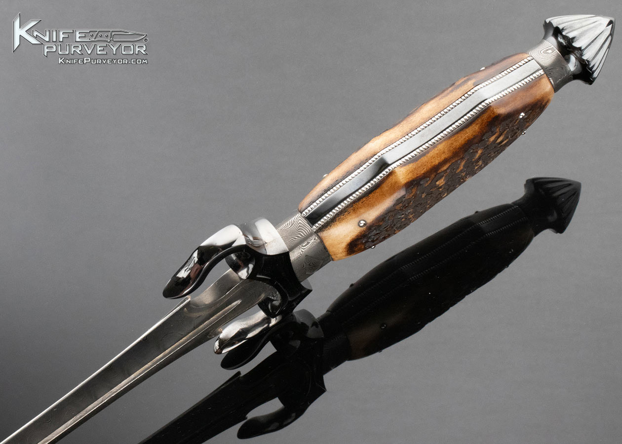 Claudio Sobral Custom Knife Sole Authorship Damascus Carved Blued Steel Guard Presentation Dagger 15203