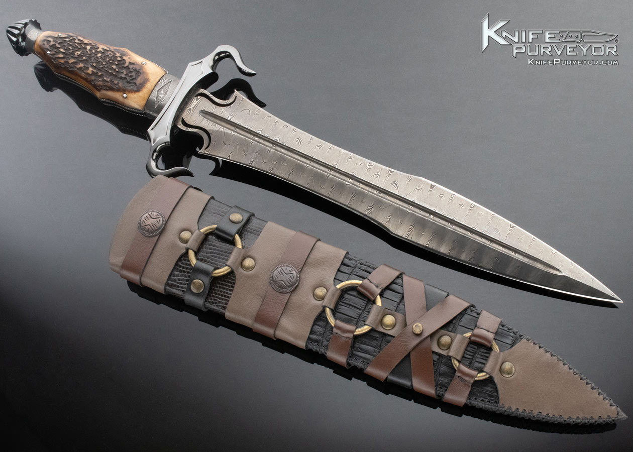 Claudio Sobral Custom Knife Sole Authorship Damascus Carved Blued Steel Guard Presentation Dagger - Image 3