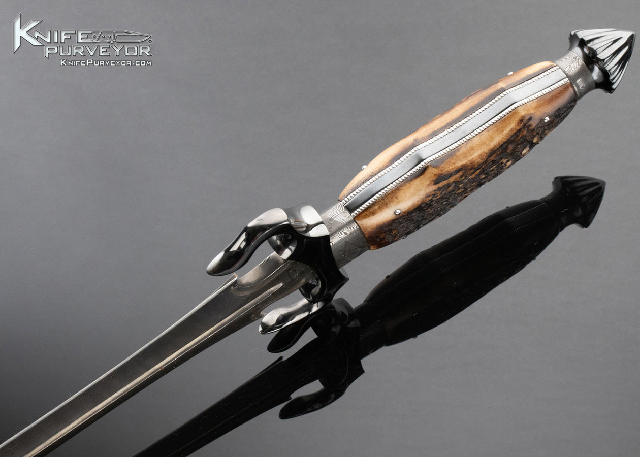 Claudio Sobral Custom Knife Sole Authorship Damascus Carved Blued Steel Guard Presentation Dagger - Image 4