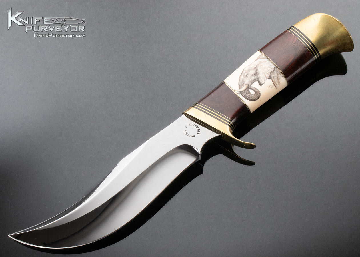 Dennis Friedly Custom Knife Brass Desert Ironwood and CKB Scrimshawed Fossil Walrus Large Upswept Skinner 15239