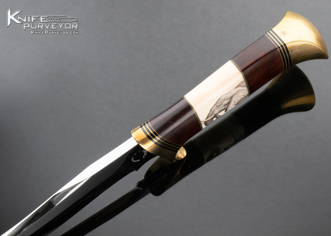 Dennis Friedly Custom Knife Brass Desert Ironwood and CKB Scrimshawed Fossil Walrus Large Upswept Skinner - Image 4