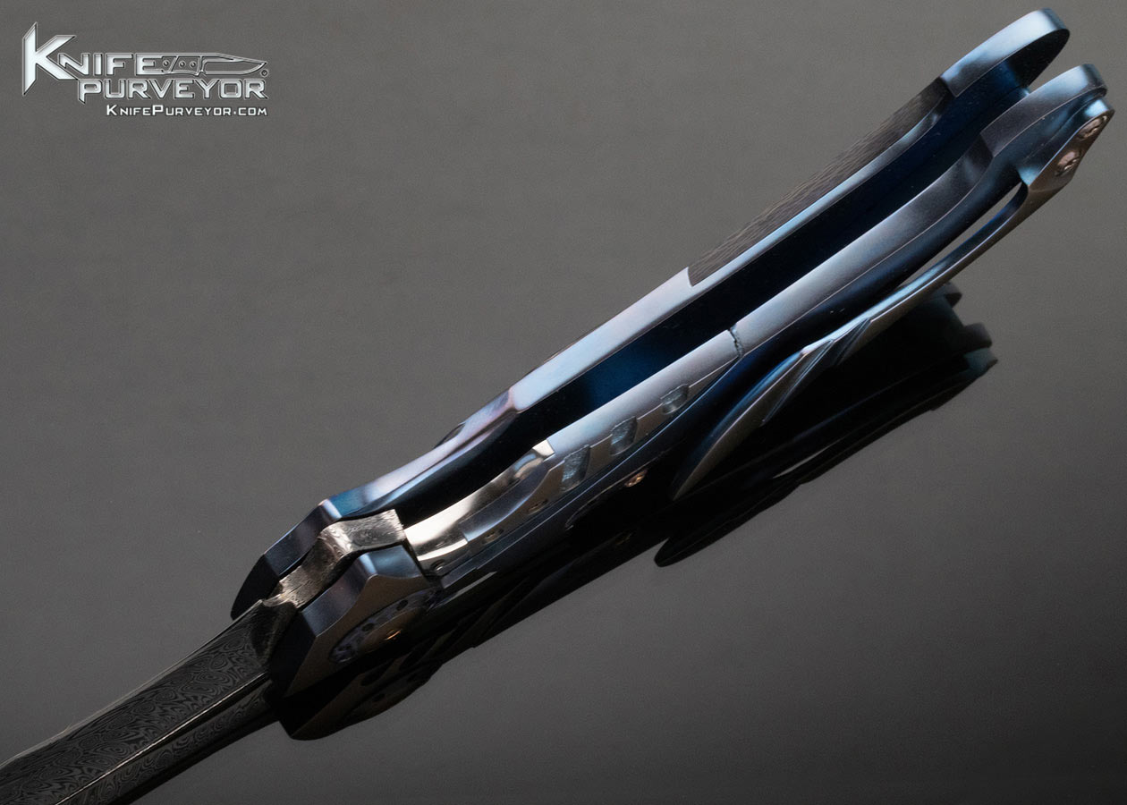 Ron Best Custom Knife Damasteel Damascus, Anodized Titanium Fluted Carbon Fiber Framelock "Phaze" Flipper 15166