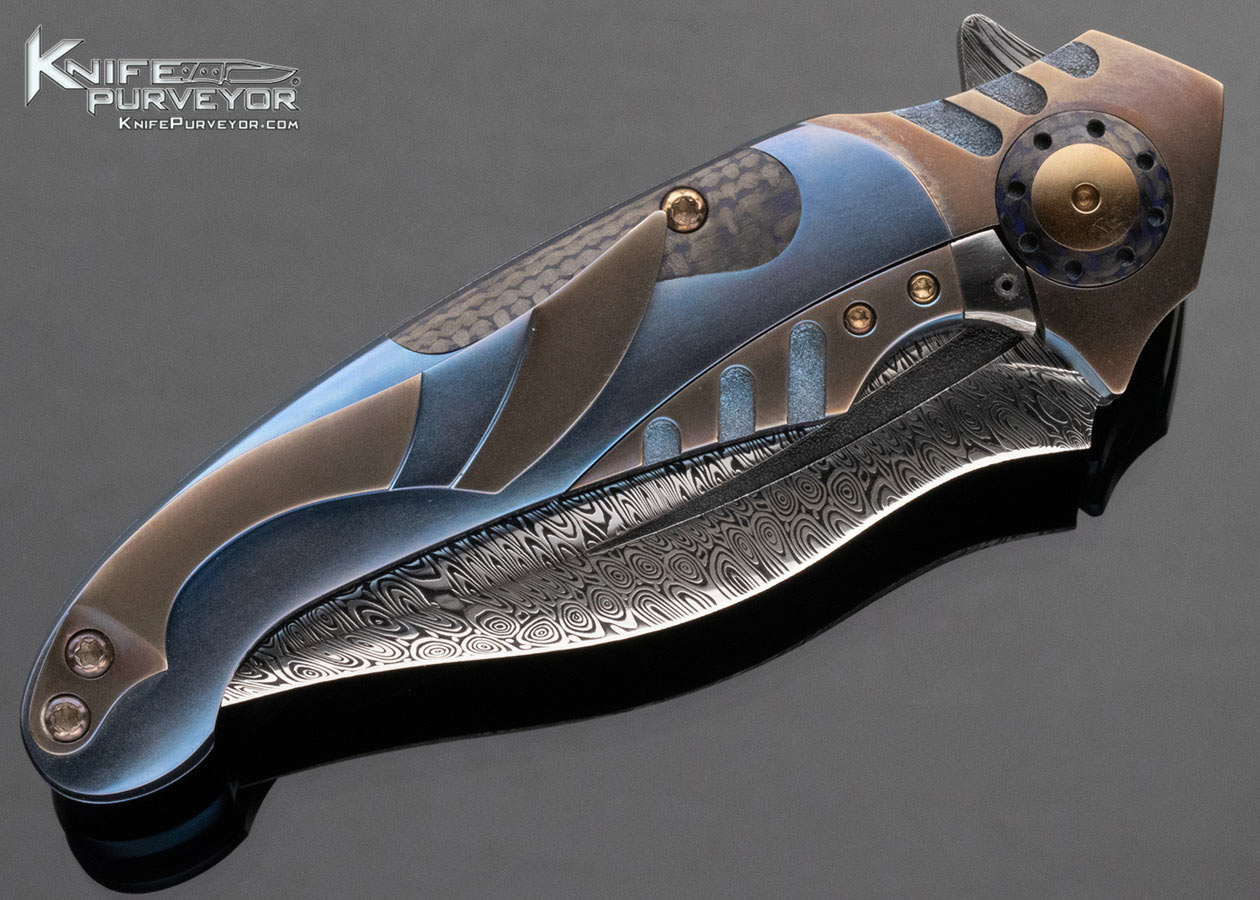 Ron Best Custom Knife Damasteel Damascus, Anodized Titanium Fluted Carbon Fiber Framelock "Phaze" Flipper - Image 4