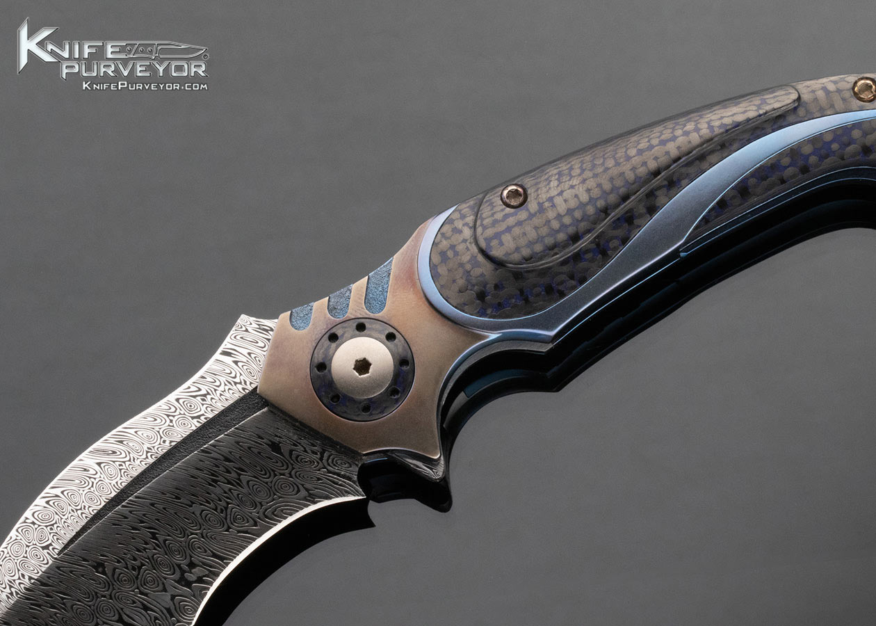 Ron Best Custom Knife Damasteel Damascus, Anodized Titanium Fluted Carbon Fiber Framelock "Phaze" Flipper - Image 2